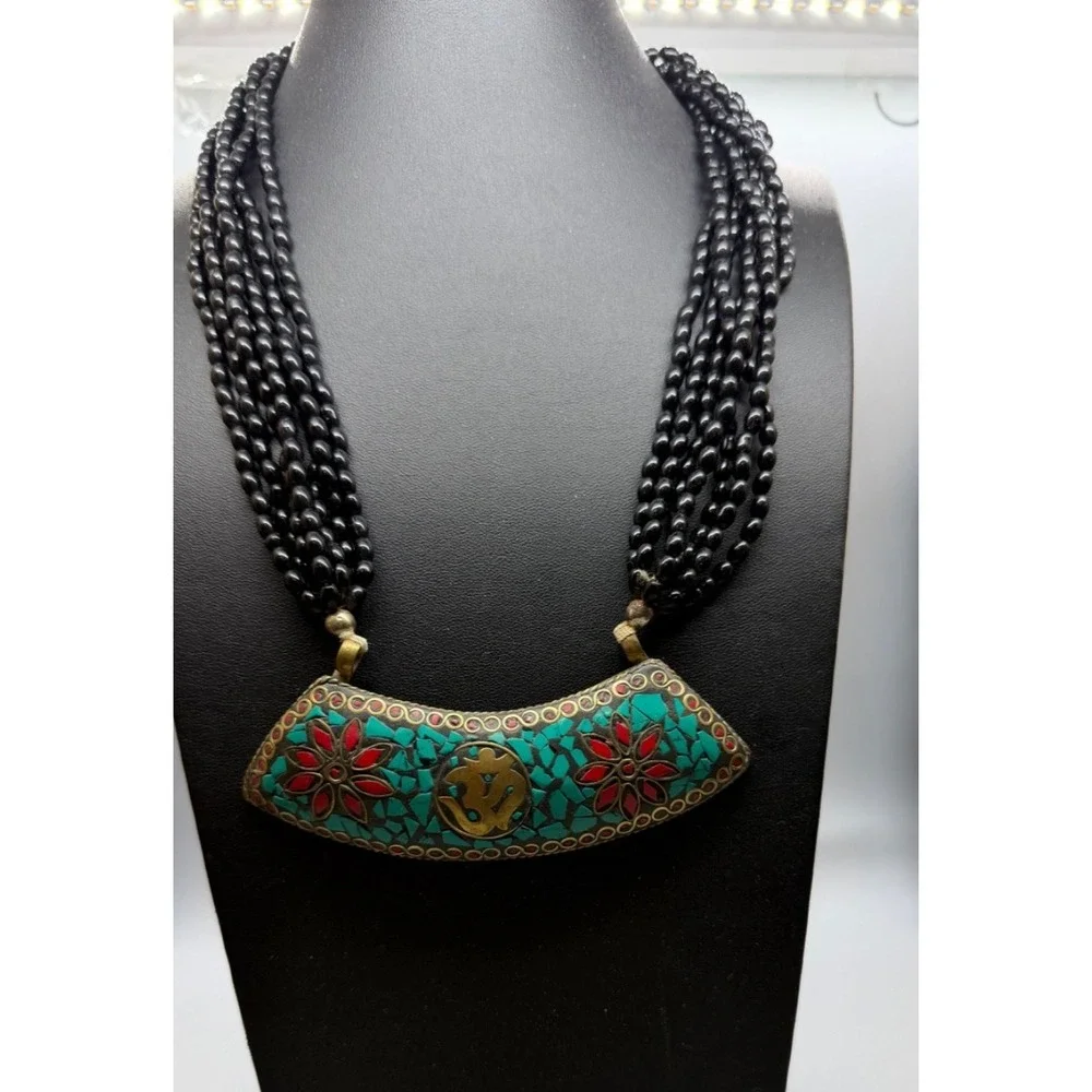 Tibetan Crushed Blue Red Stones  Statement‎ Pendant Necklace Glass Beaded Multi